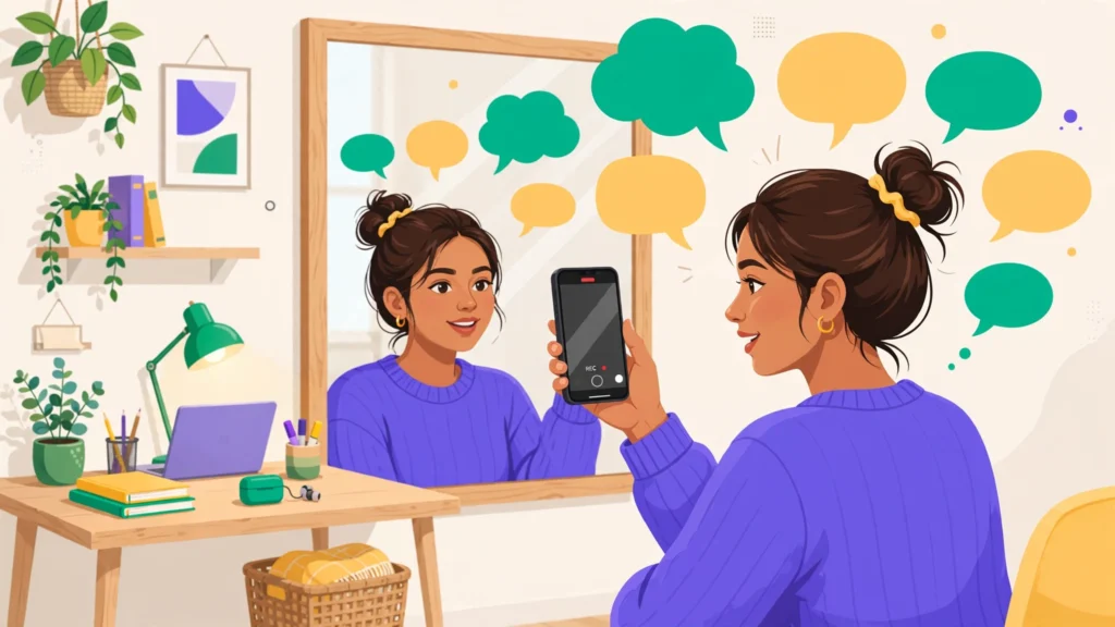 Woman practicing English speaking alone at home using mirror technique and phone