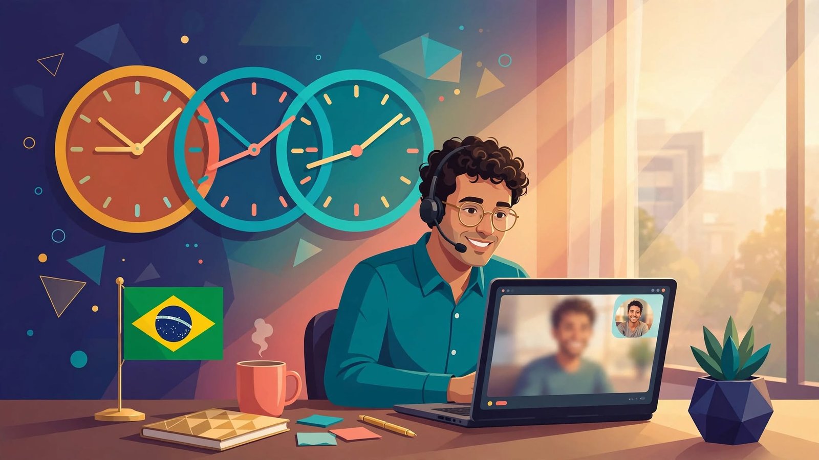 Brazilian freelancer video calling an international client while a world clock shows overlapping time zones