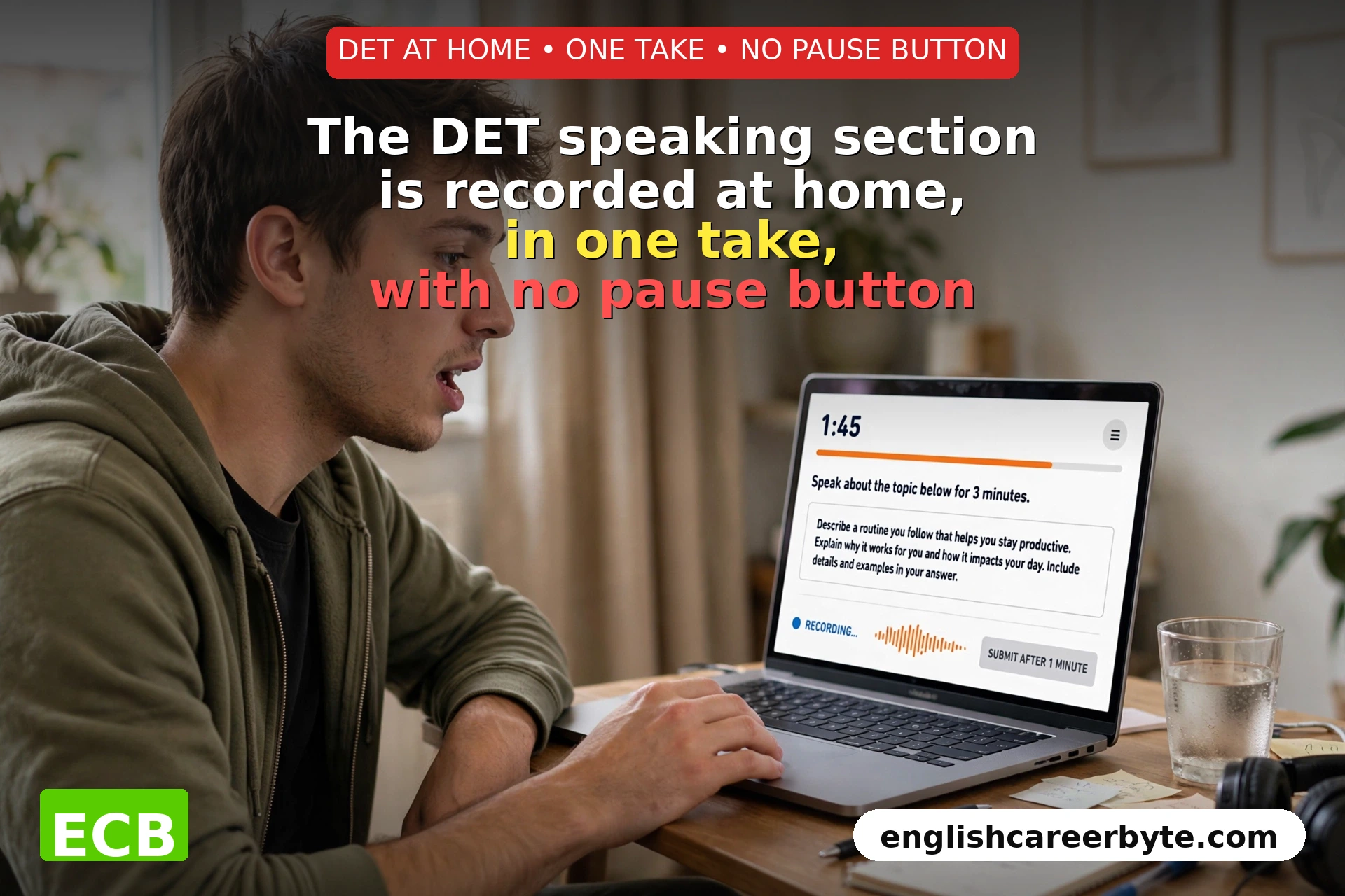 Student taking the Duolingo English Test speaking section at home on a laptop with a webcam and headset