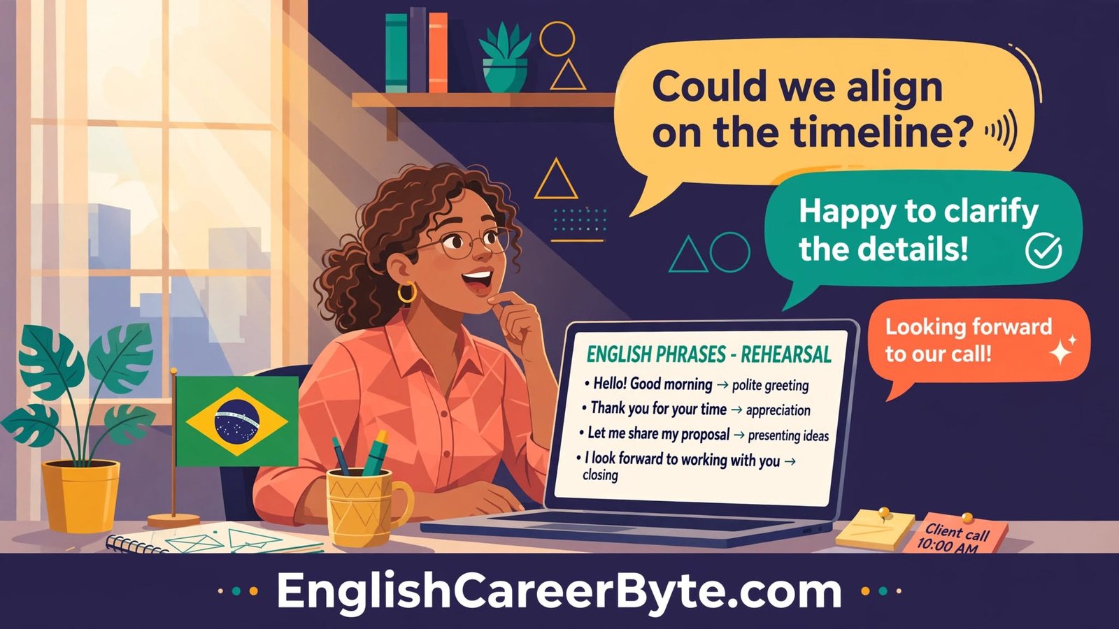 Brazilian freelancer practicing spoken English phrases out loud in front of a laptop before a client call