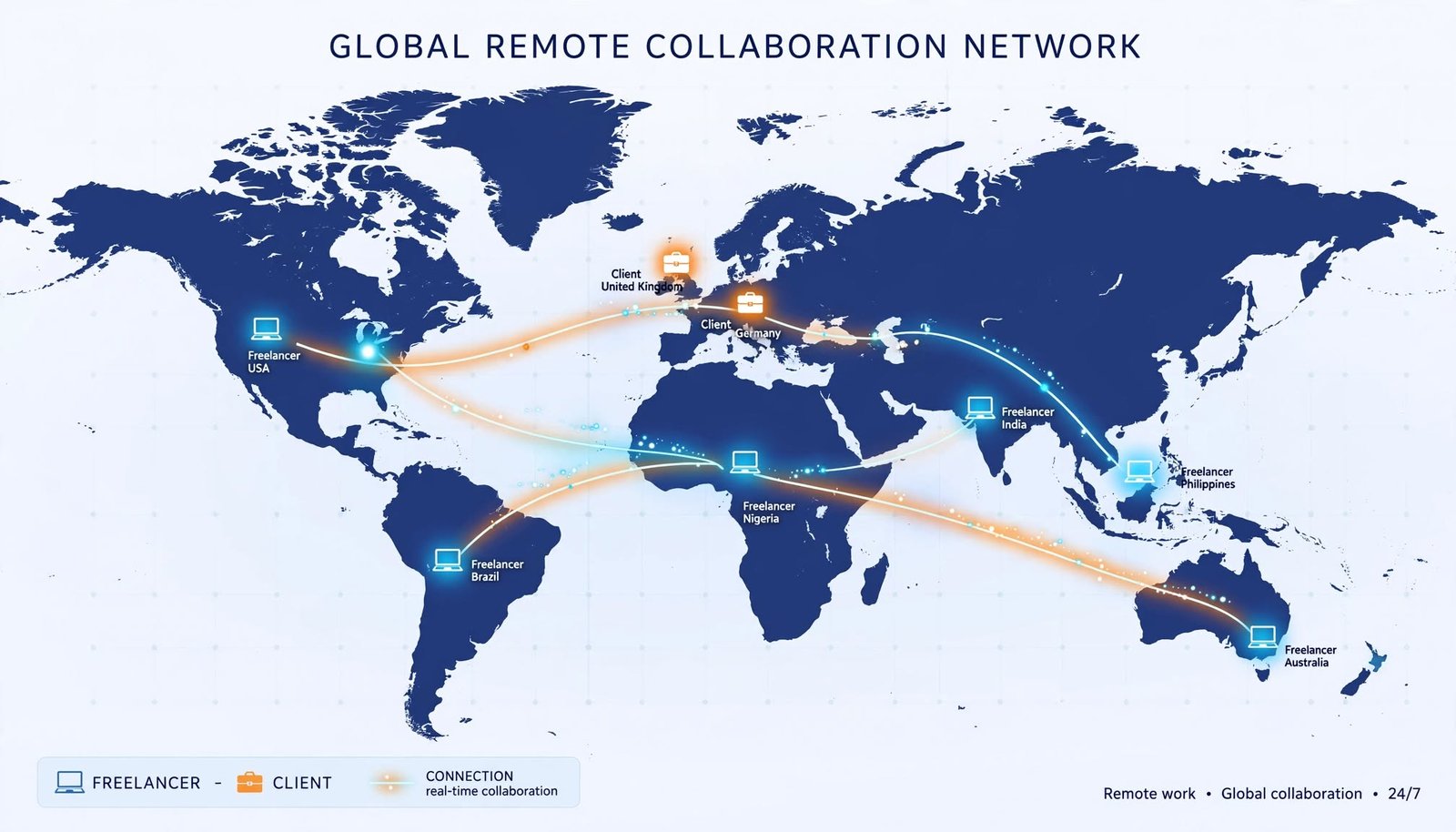 A world map with connection lines linking freelancers in different countries to international clients online