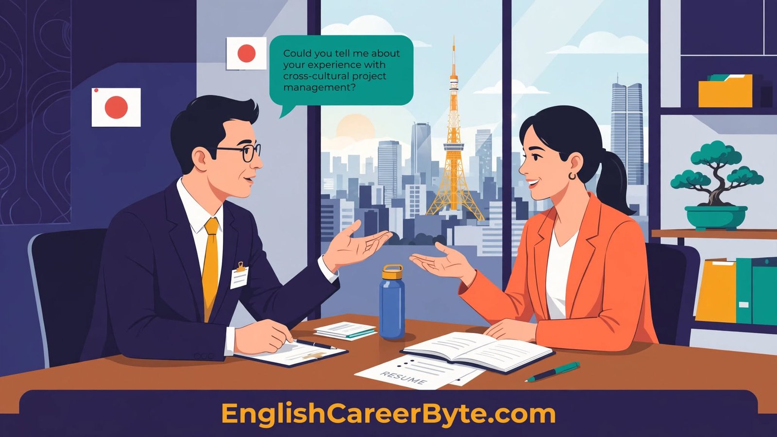 Interviewer and candidate in a formal English-language corporate job interview at a company office in Japan