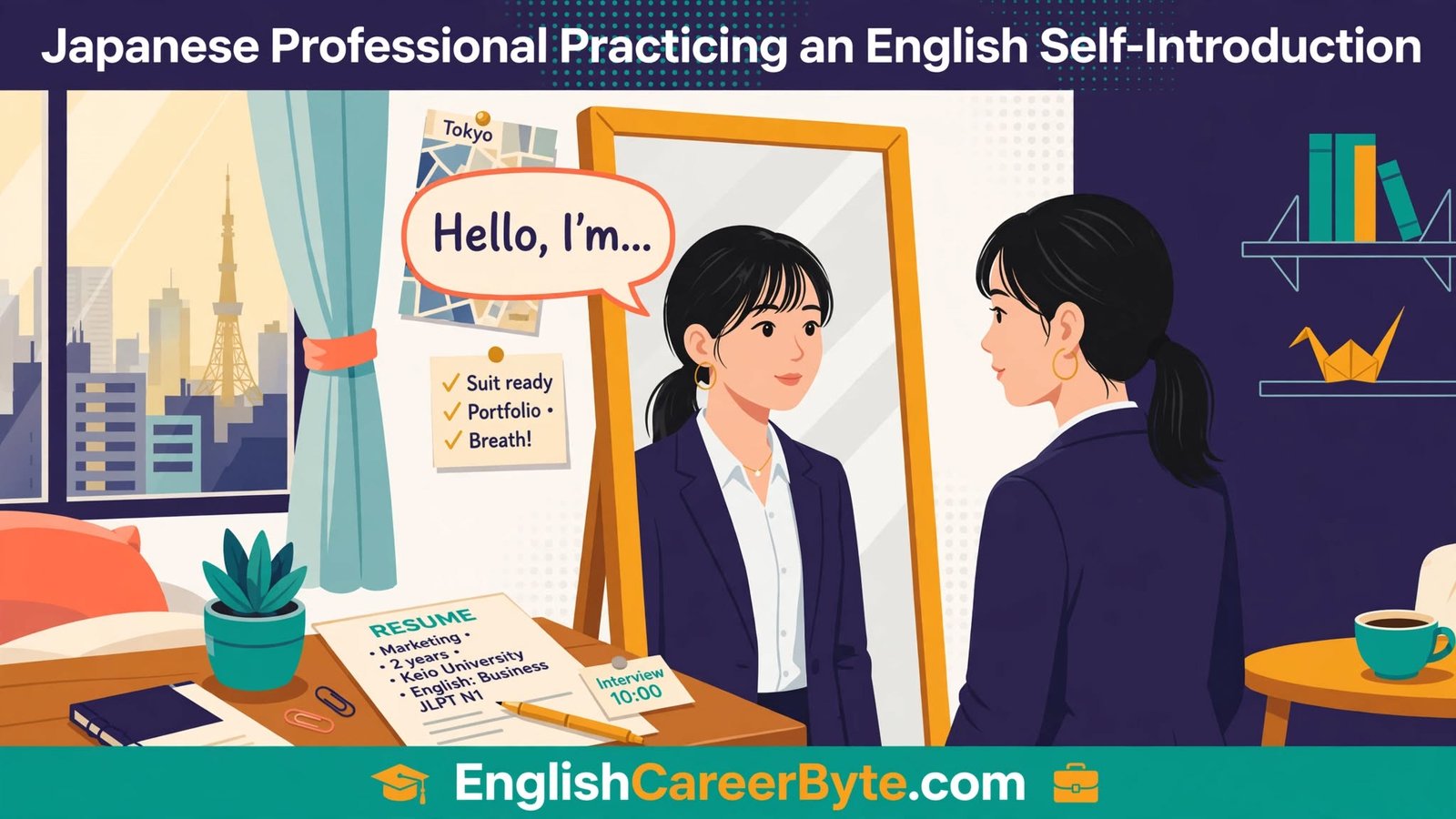 Japanese professional practicing an English self-introduction in front of a mirror before a corporate job interview