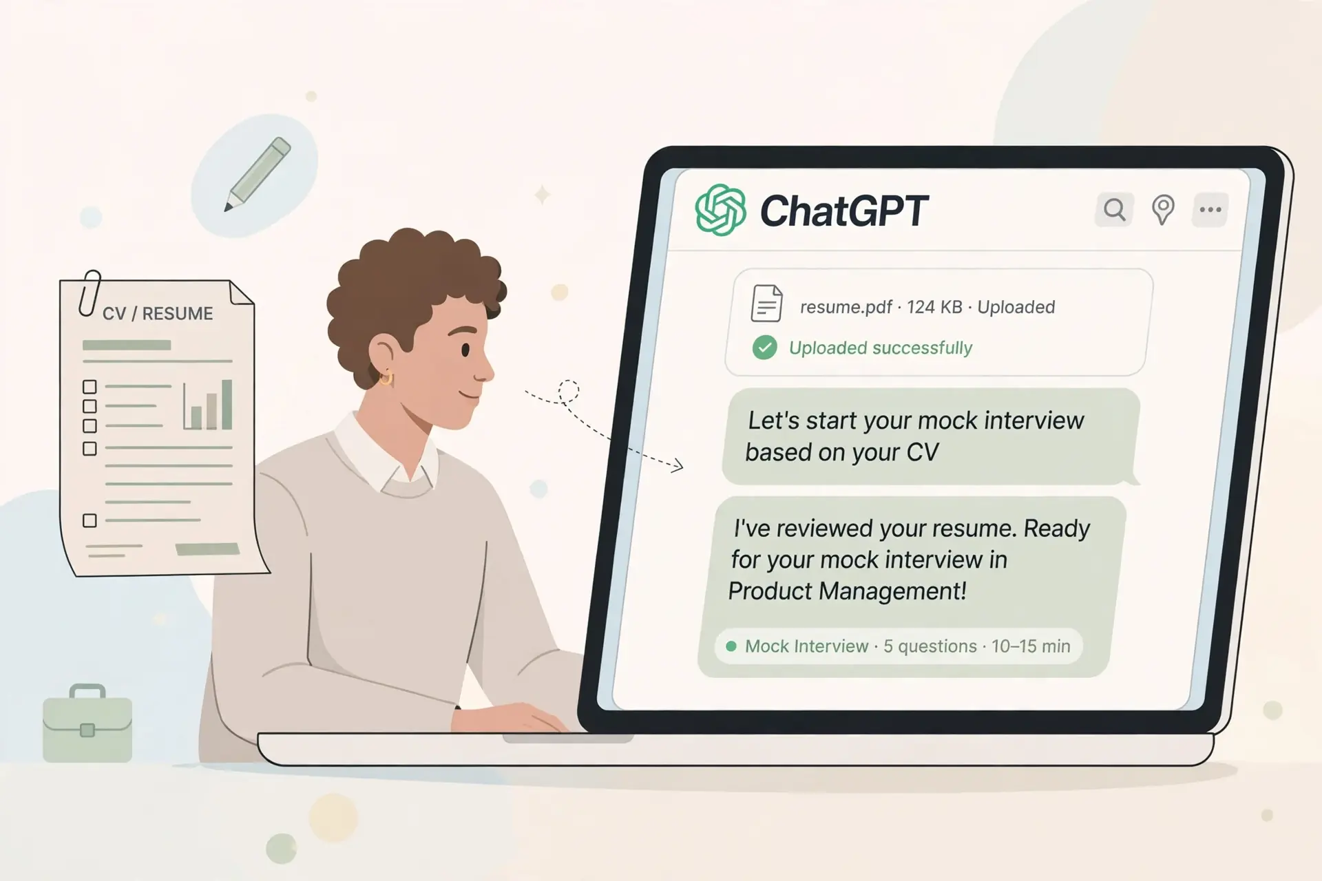 Person uploading a CV document into ChatGPT on a laptop to prepare for a job interview