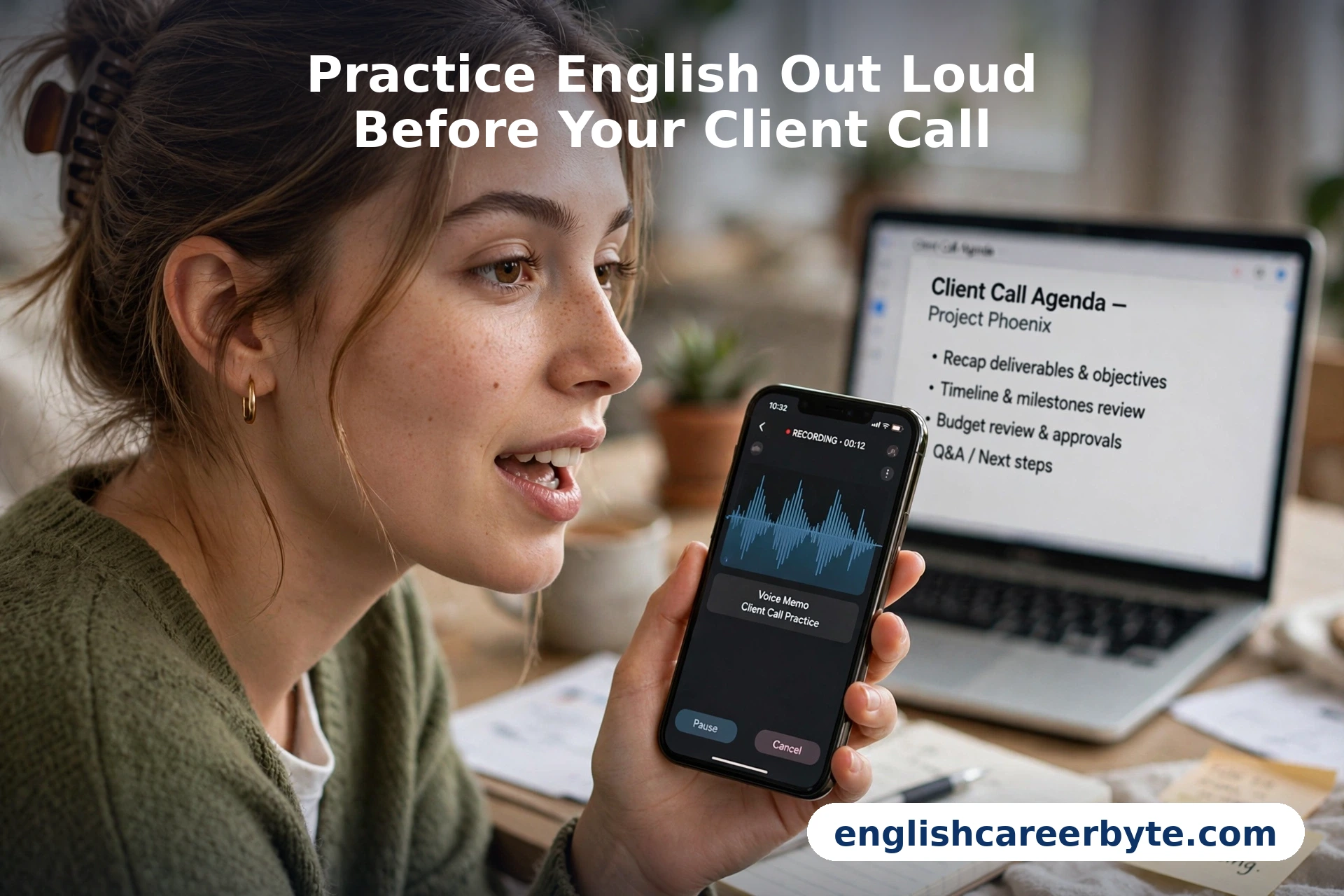 A freelancer speaking English out loud into a phone recording app while practicing for a client call