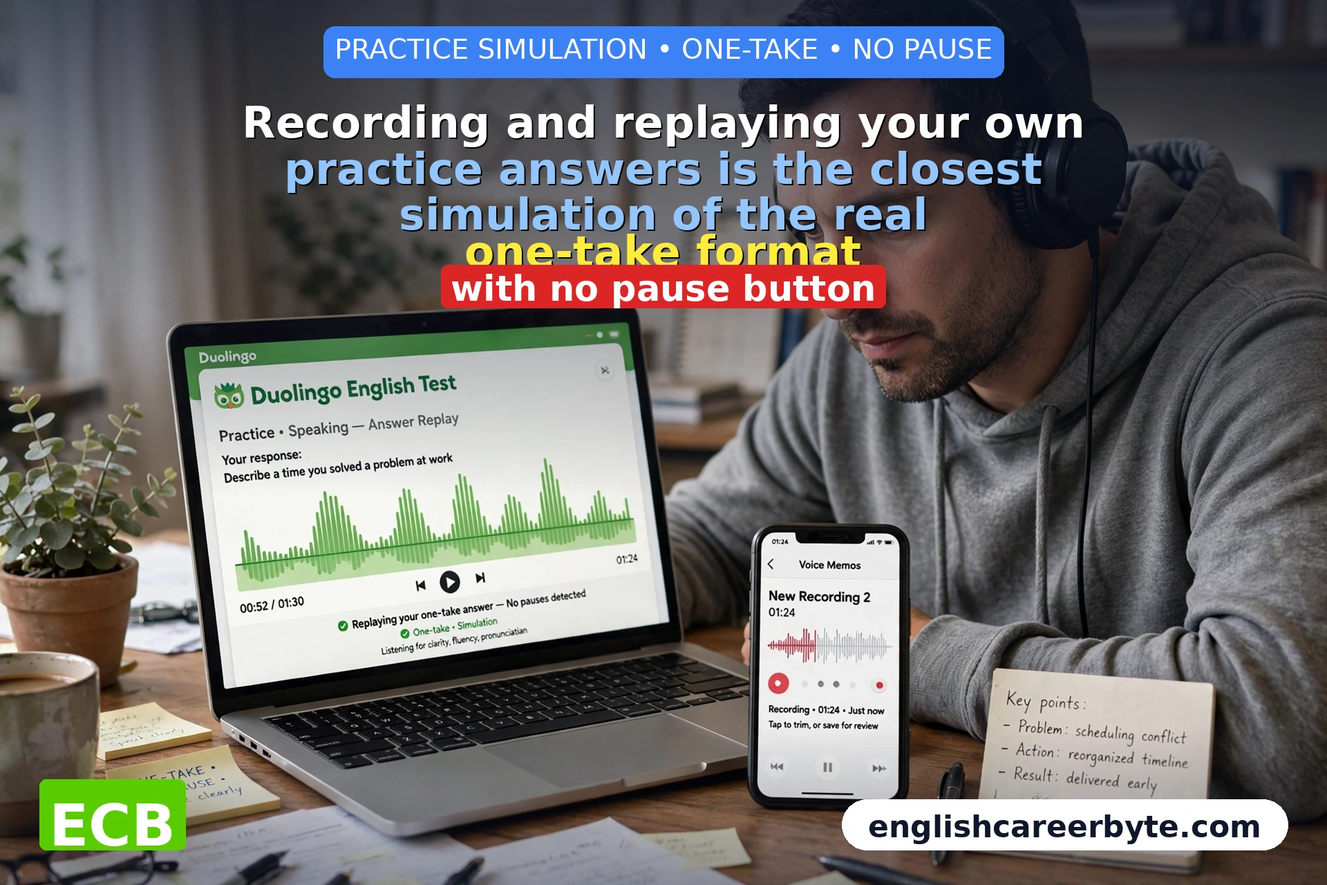 Close up of a phone recording app being used to practice English speaking answers before the Duolingo English Test